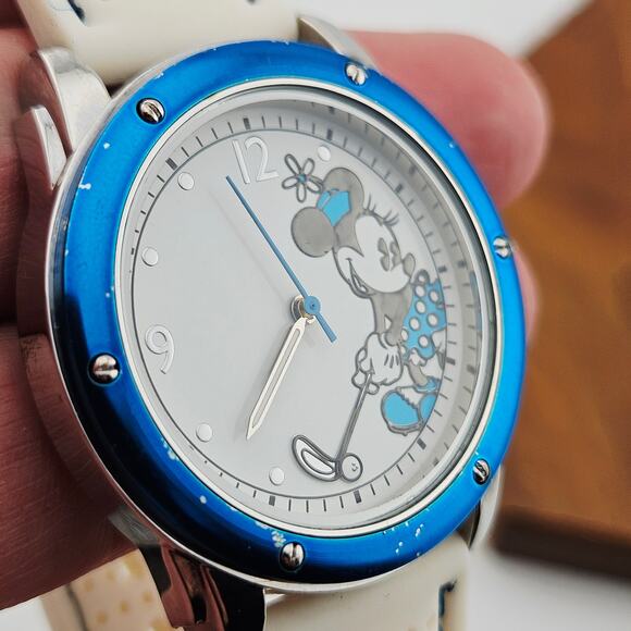 Disney Women's Minnie Mouse Character Watch Blue Bezel Cream Texture Band - Picture 3 of 7